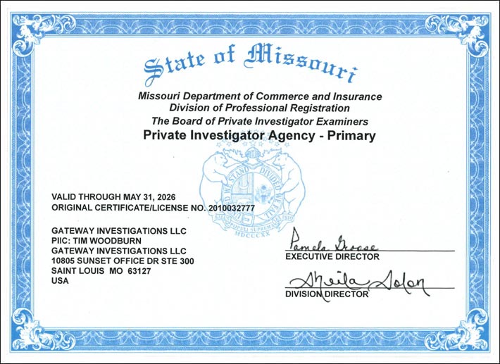 Click to enlarge Private Investigator in St. Louis, Missouri & Illinois - License