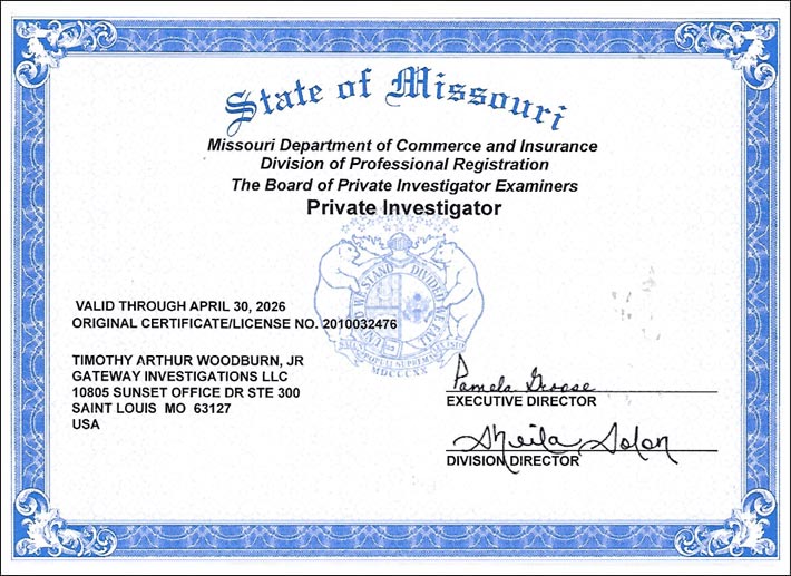 Click to enlarge Investigator in St. Louis, Missouri & Illinois - License